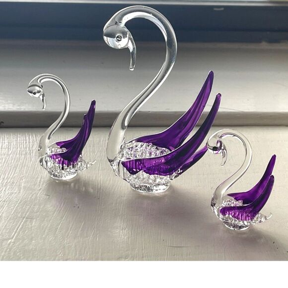 Set of 3 Murano Style Miniature Hand Blown Art Glass Purple Swan Family Figurine - Picture 1 of 11
